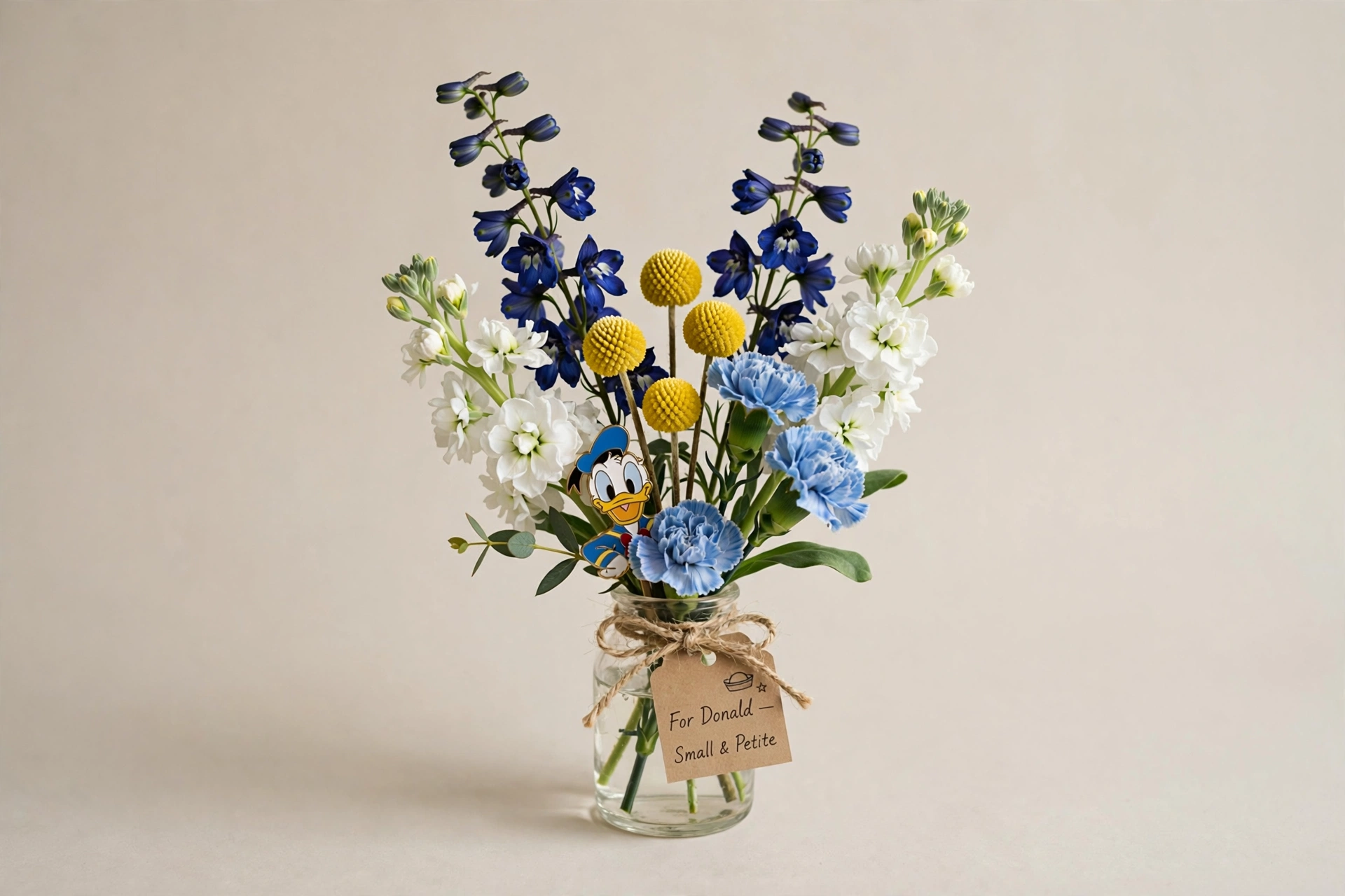 Donald-inspired bouquet mockup in blue, white, and yellow flowers