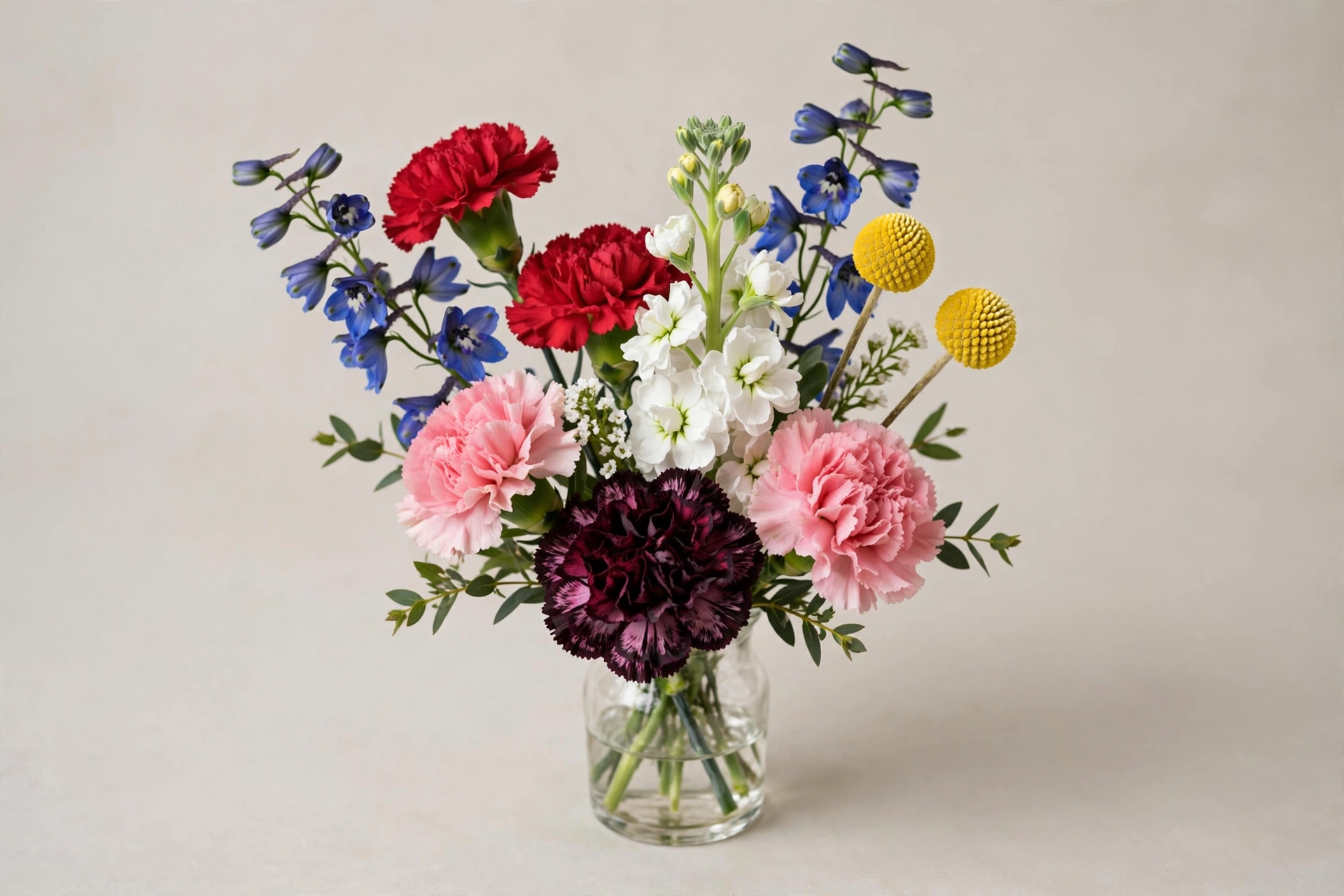 Full Classic bouquet mockup in red, white, black, yellow, pink, and blue flowers