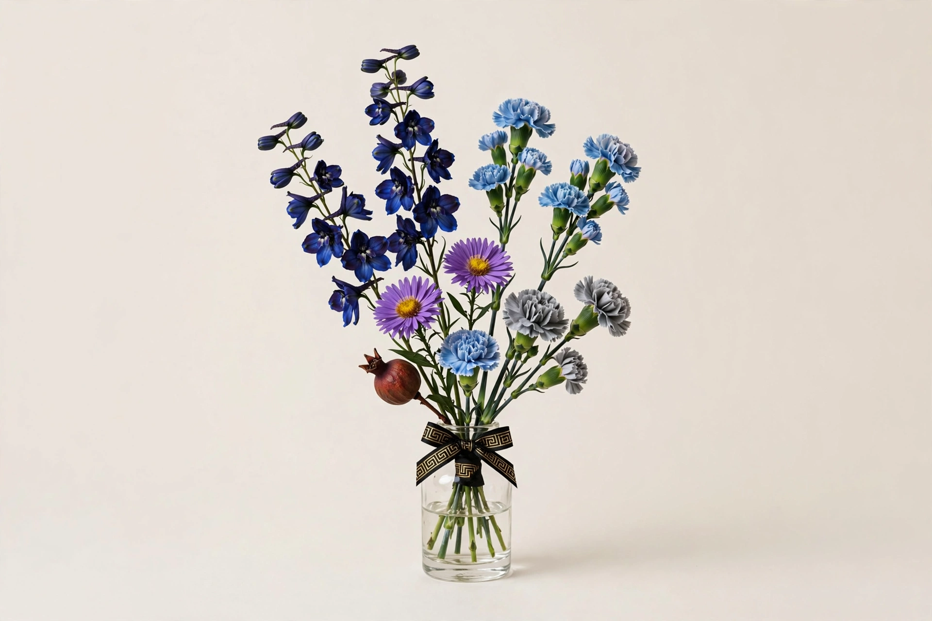 Hades-inspired bouquet mockup in blue, purple, black, and gray flowers