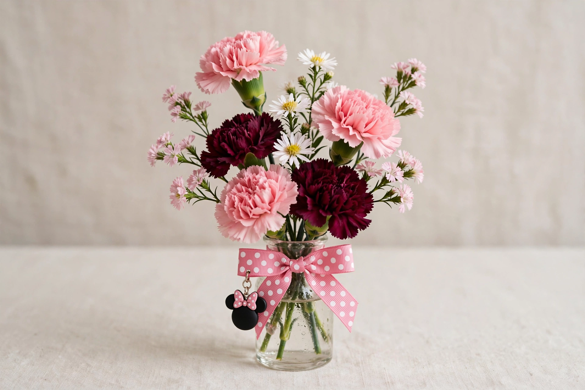 Minnie-inspired bouquet mockup in pink, white, and burgundy flowers