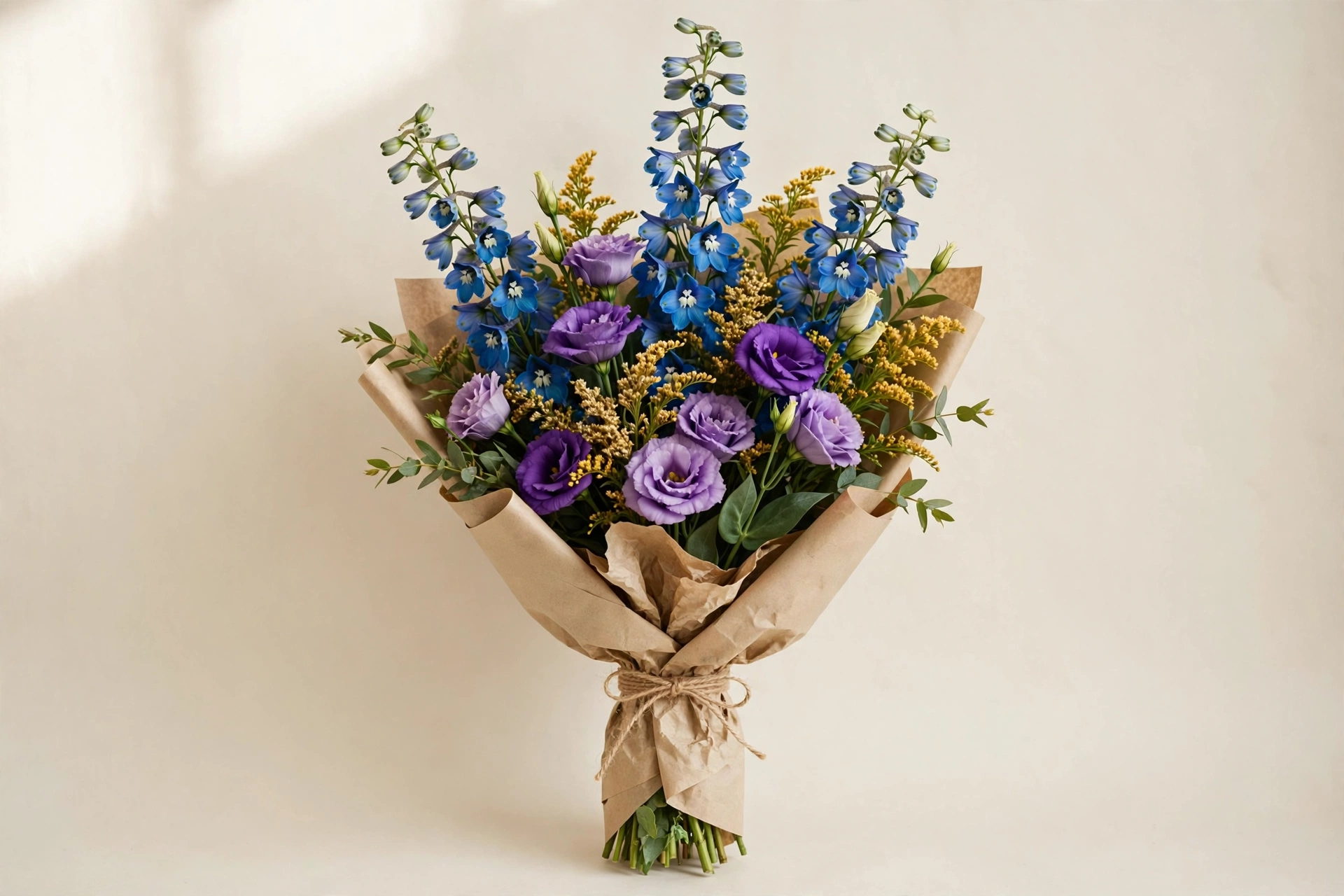 Blue delphinium, purple lisianthus, and gold solidago hand-tied bouquet