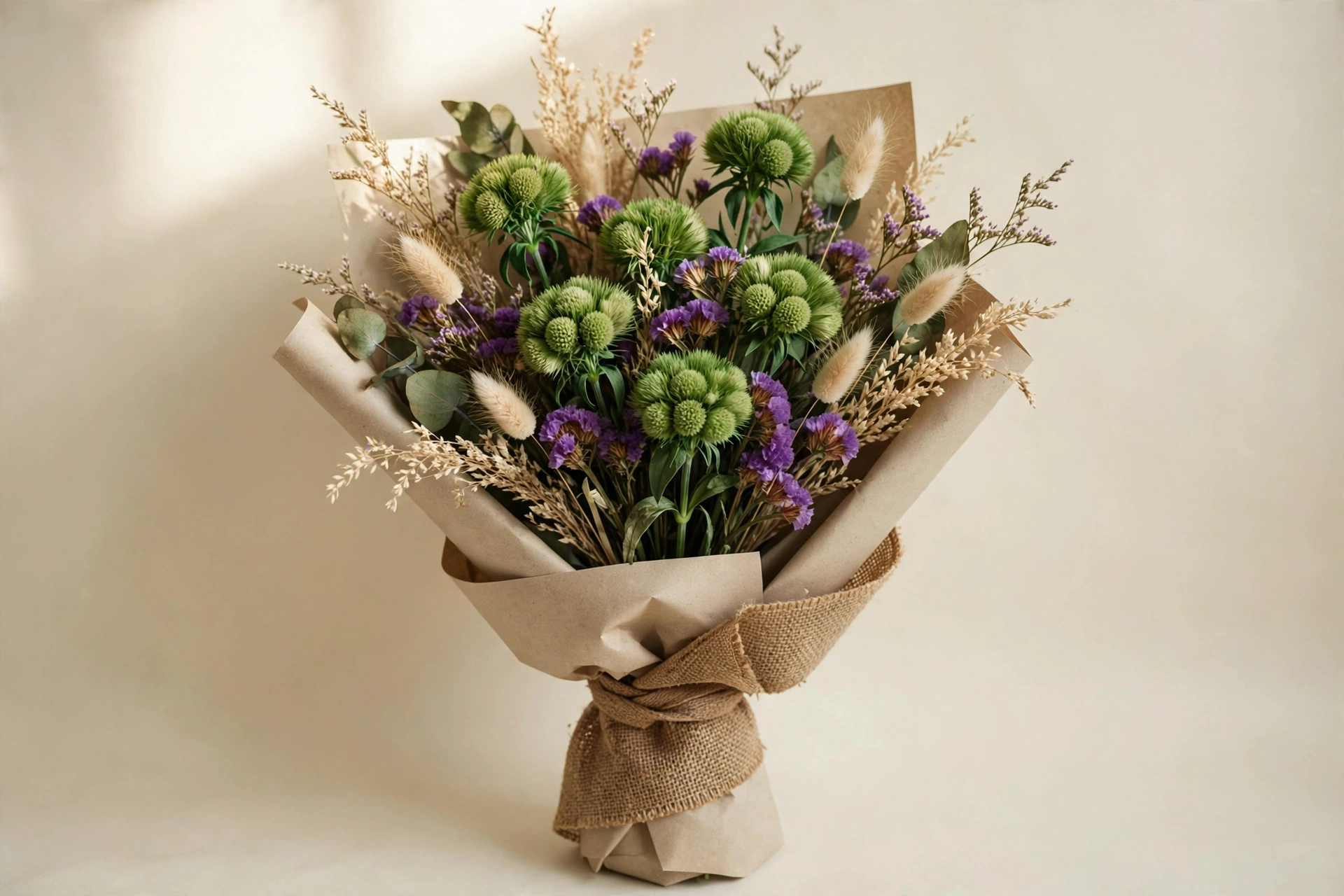 Green trick dianthus, dried beige grasses, and purple accents in a hand-tied bouquet