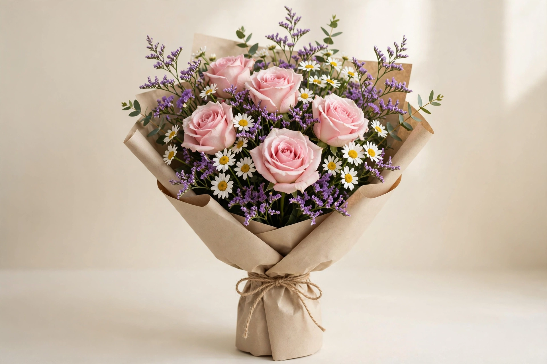 Pink roses, purple statice, and white daisies in a hand-tied bouquet