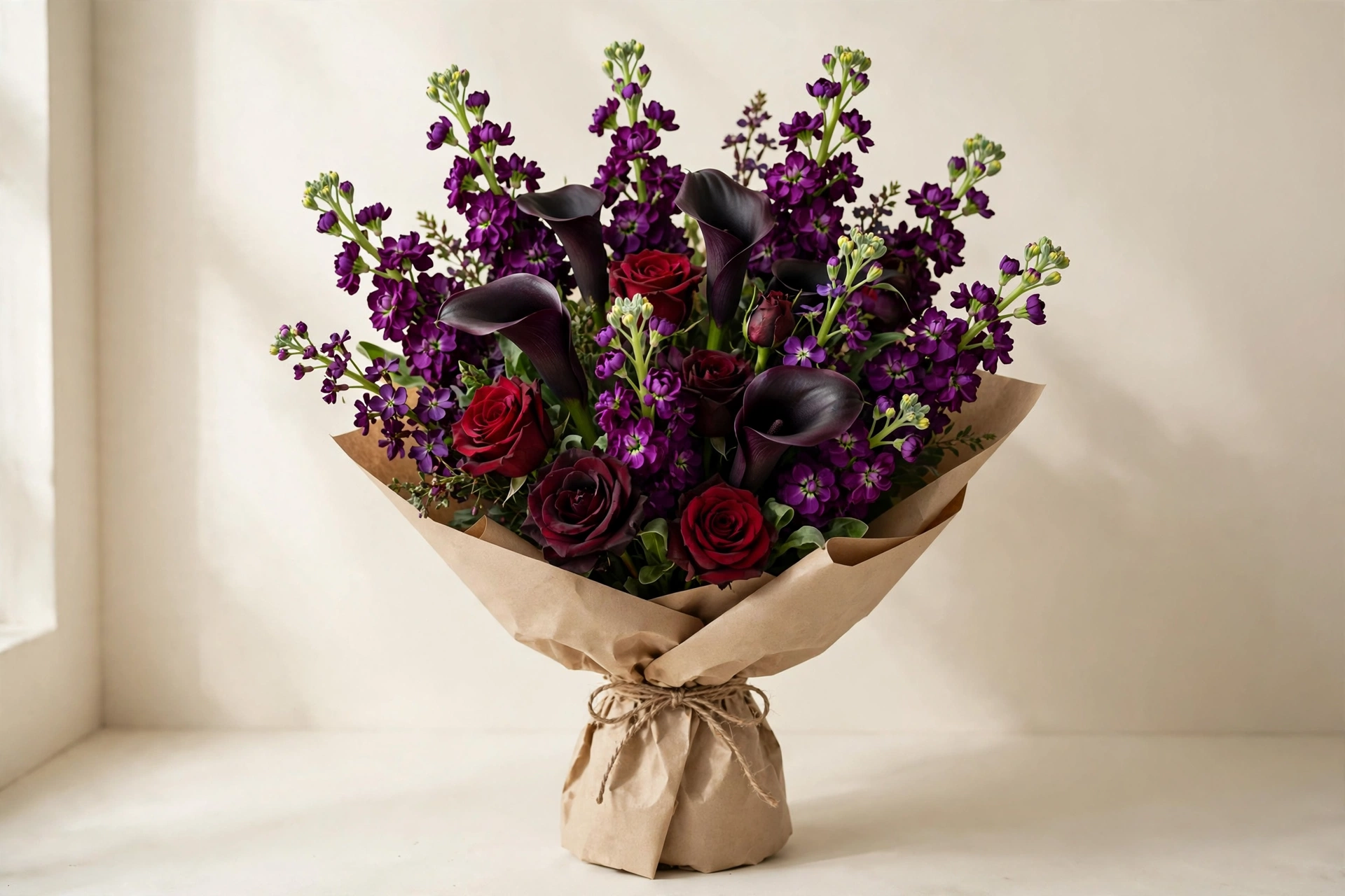 Deep purple stock, black calla lilies, and dark red roses in a hand-tied bouquet