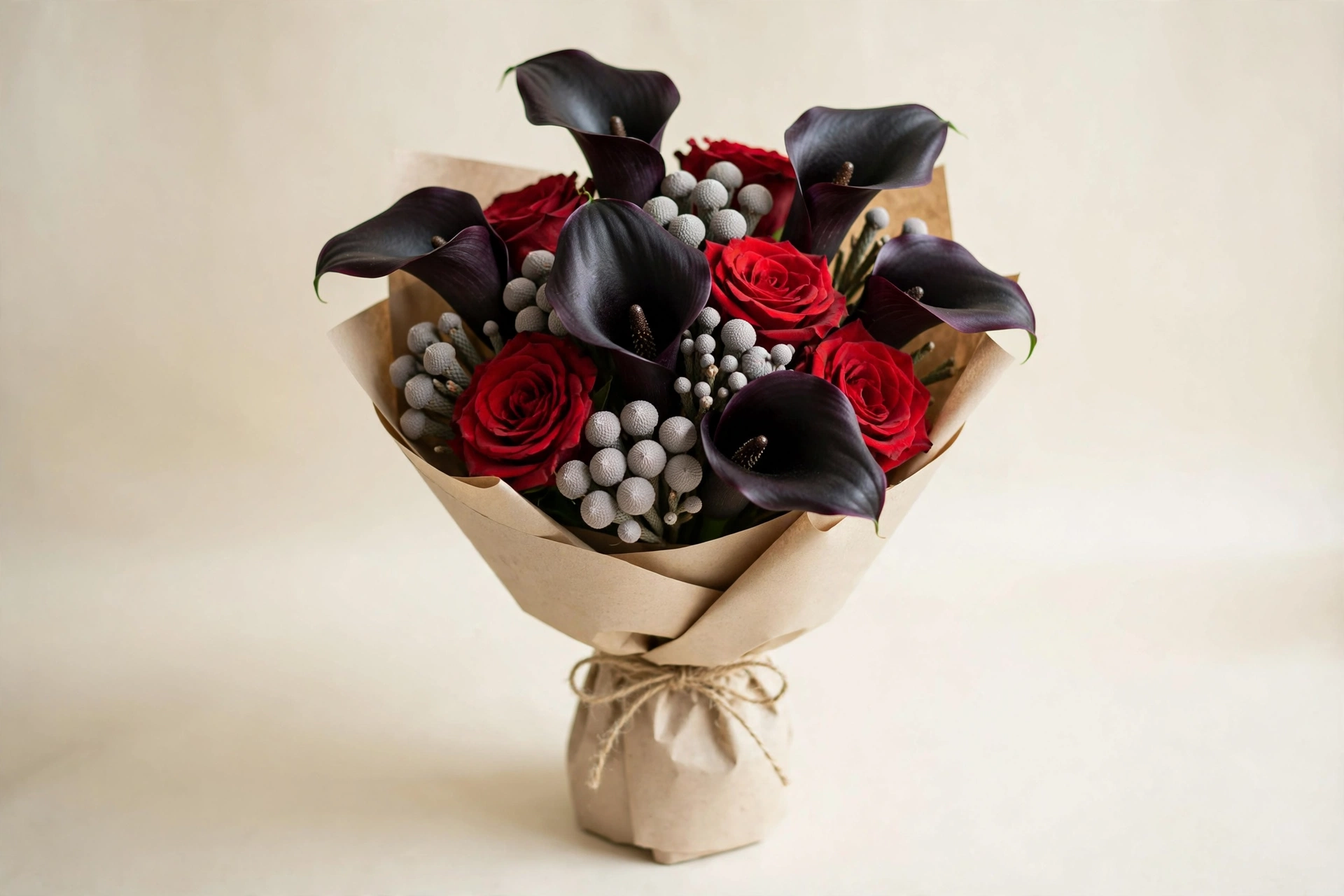 Black calla lilies, red roses, and gray brunia in a hand-tied bouquet
