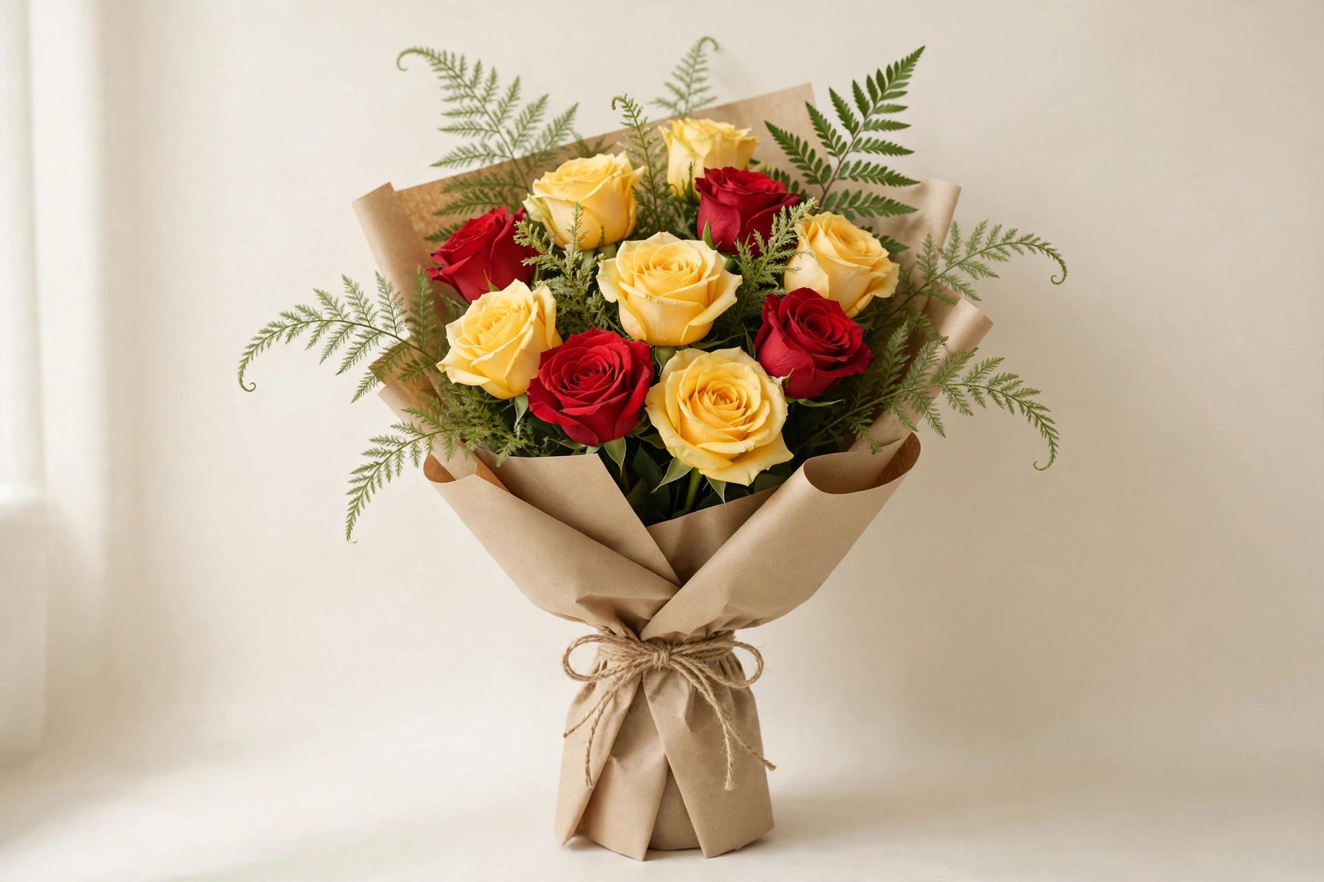 Yellow and red roses with soft fern greenery in a hand-tied bouquet