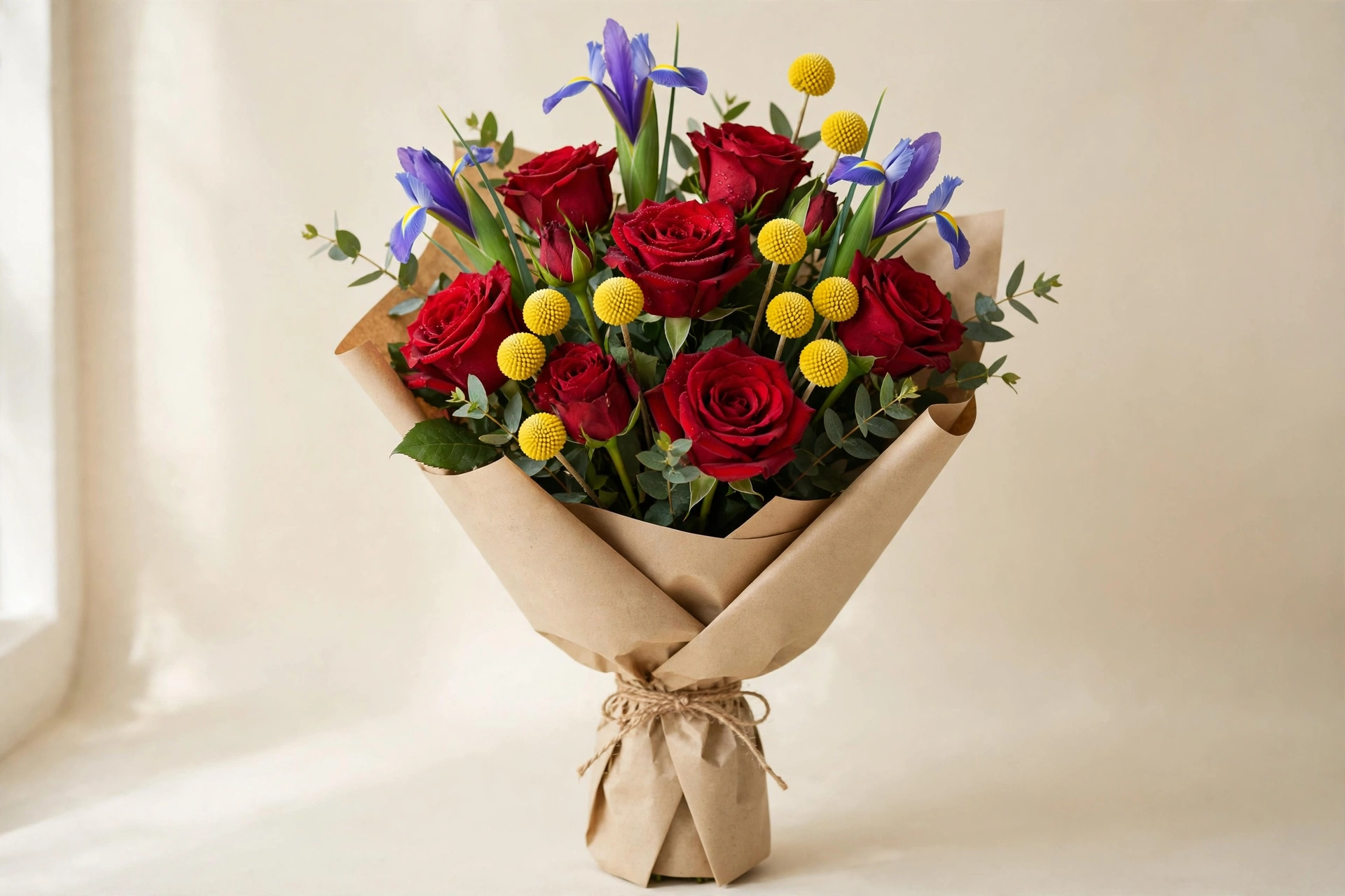 Red roses, yellow billy balls, and blue iris hand-tied bouquet