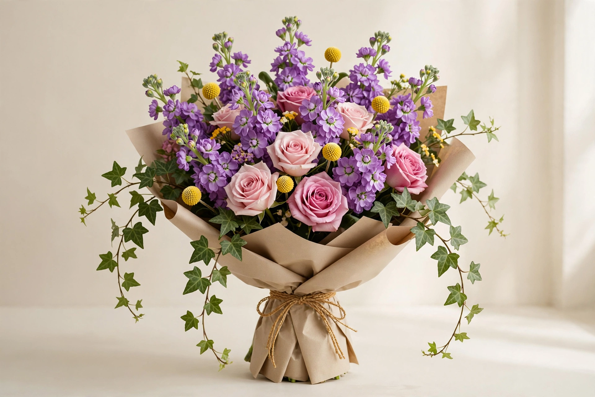 Purple stock, pink roses, yellow accents, and trailing ivy in a hand-tied bouquet