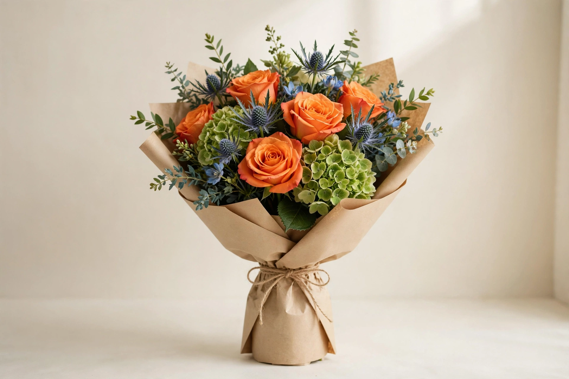 Orange roses, green hydrangea, and blue accents in a hand-tied bouquet