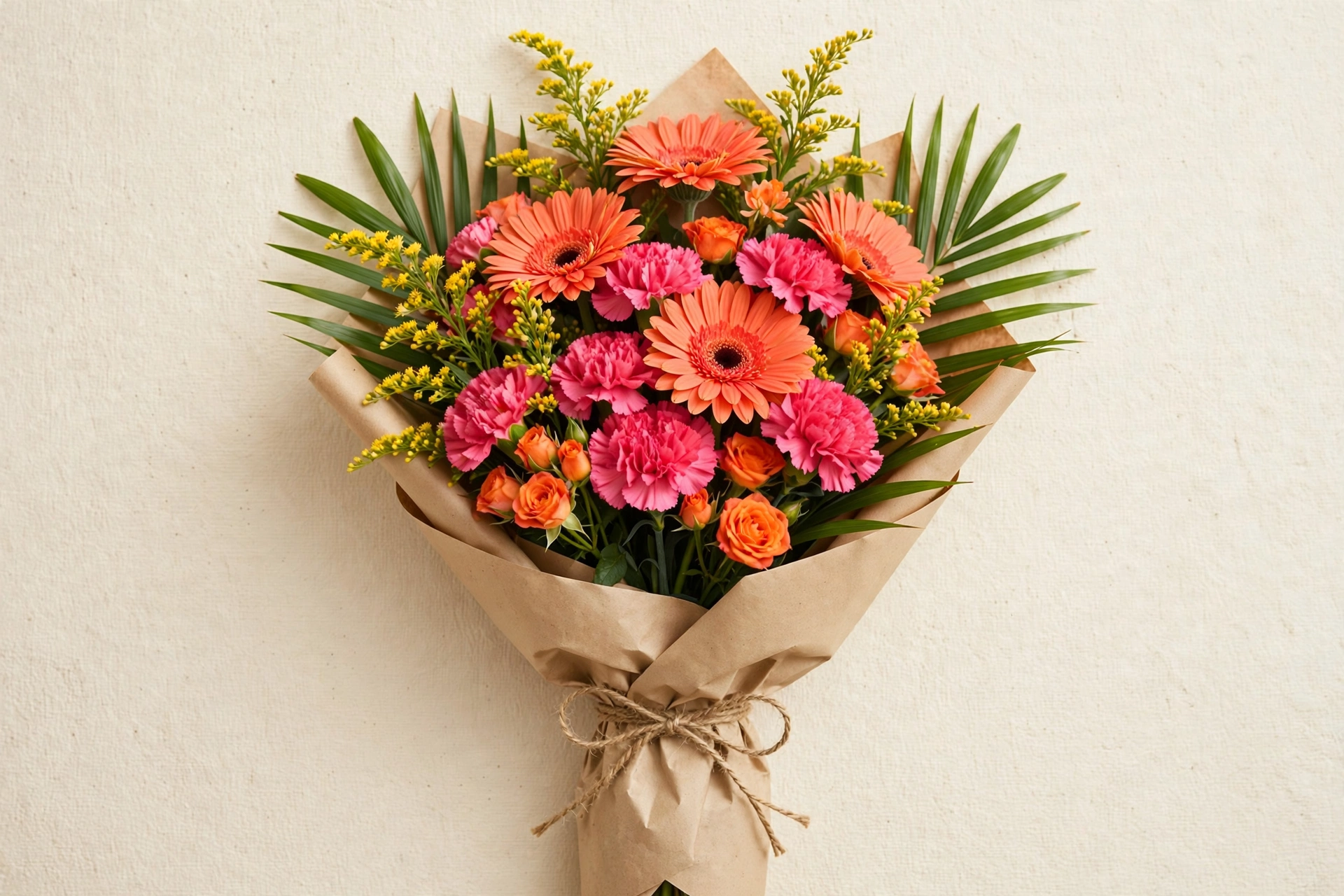 Coral gerbera daisies, hot pink carnations, orange spray roses, yellow solidago, and palm leaves in a hand-tied bouquet