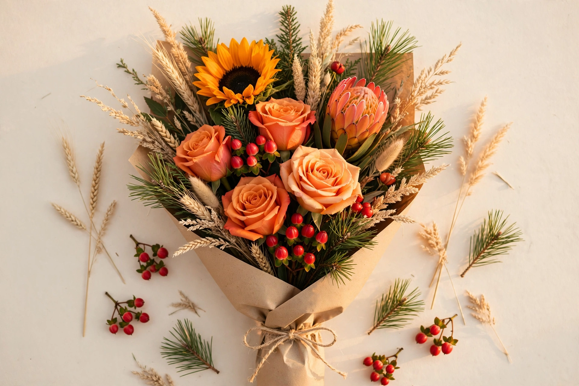 Orange roses, safari sunflower, orange protea, red hypericum berries, pine sprigs, and dried grasses in a rustic hand-tied bouquet