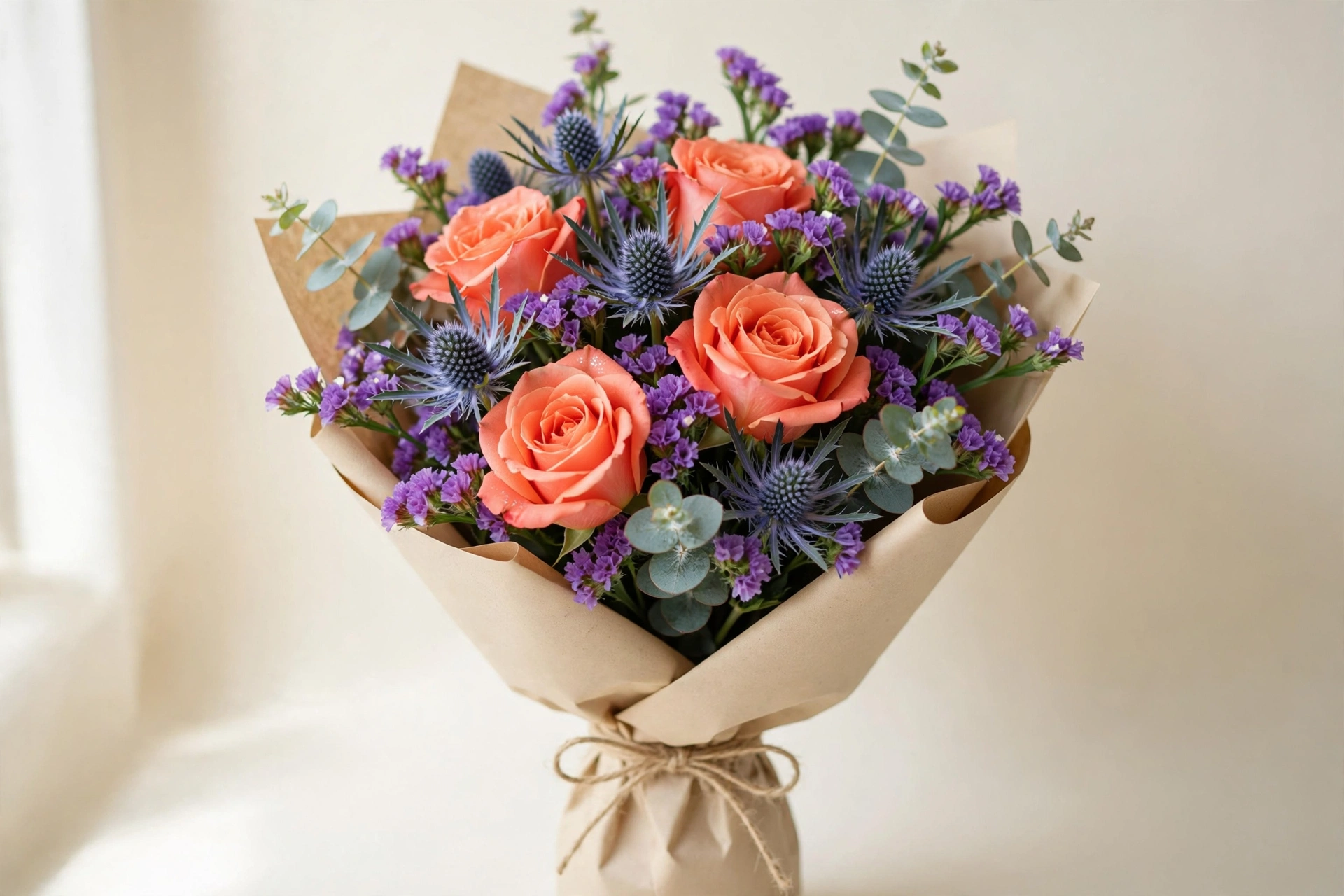 Coral roses, purple statice, and blue thistle hand-tied bouquet