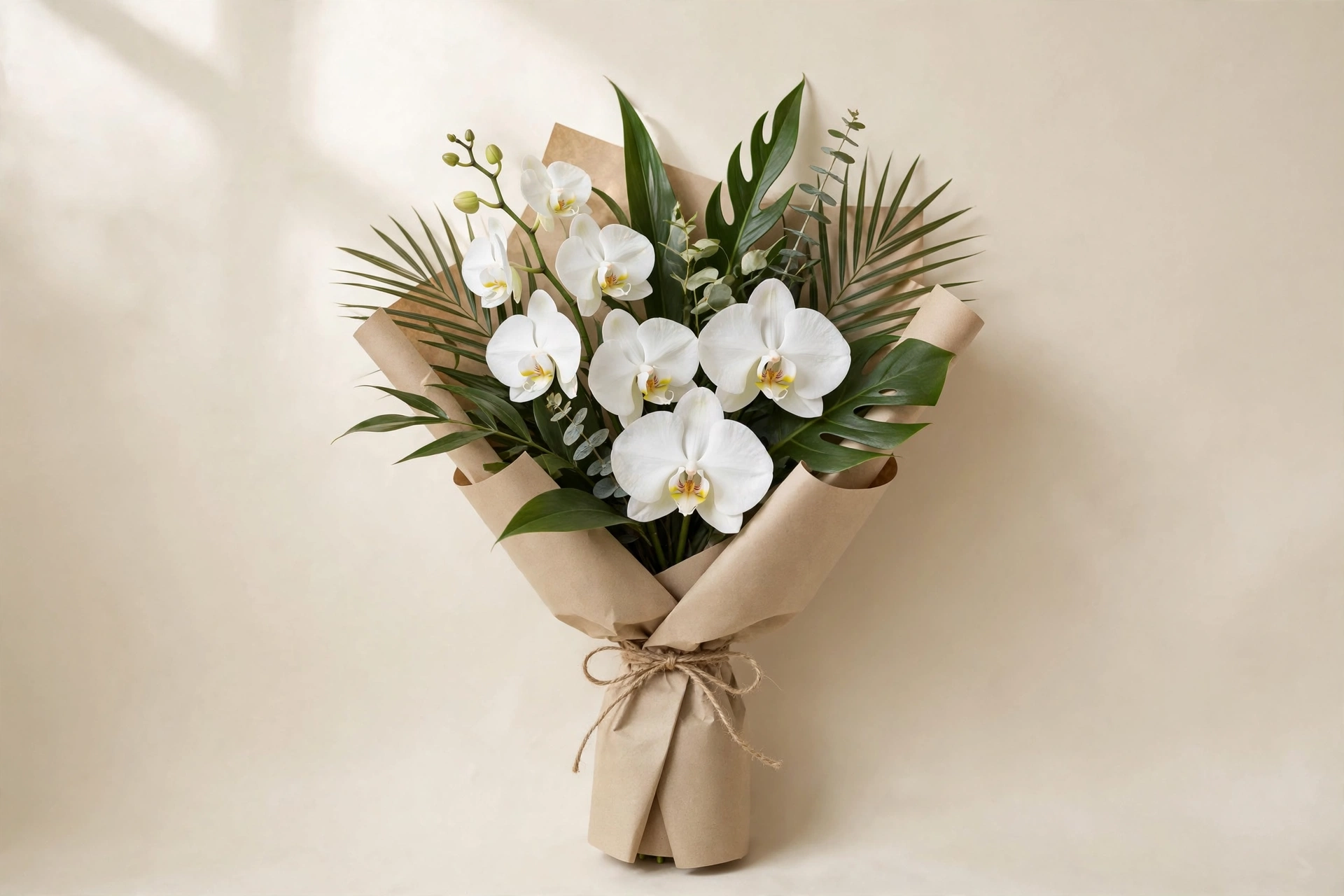 White orchids and sleek tropical greenery in a minimalist hand-tied bouquet