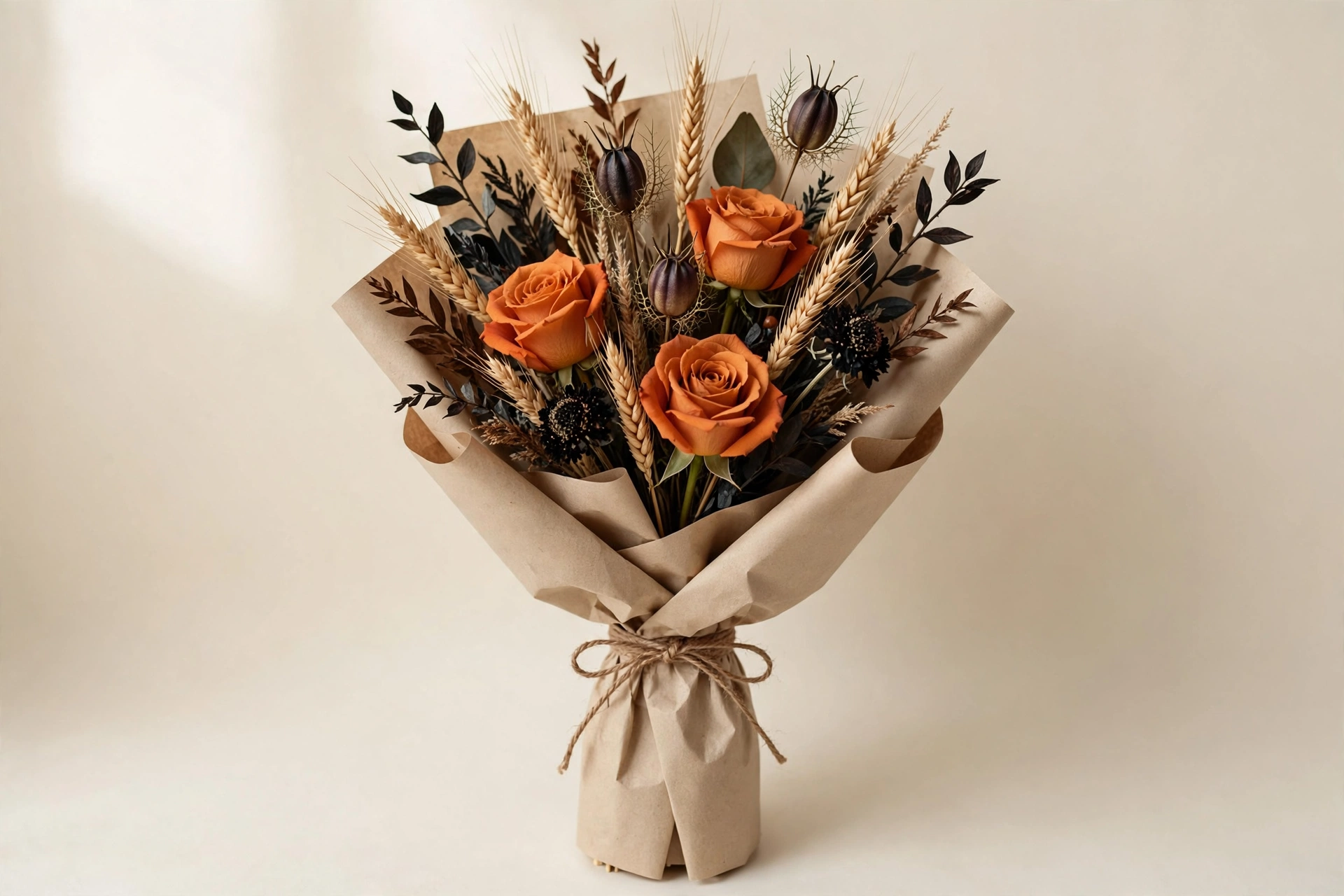 Burnt orange roses, dried wheat, and dark accents in a hand-tied bouquet