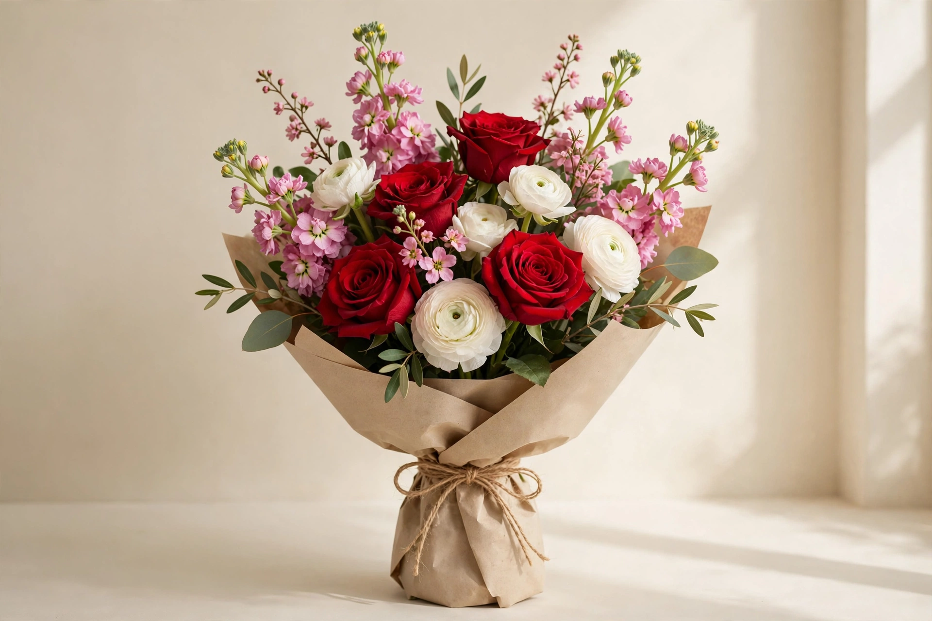 Red roses, pink stock, and white ranunculus hand-tied bouquet