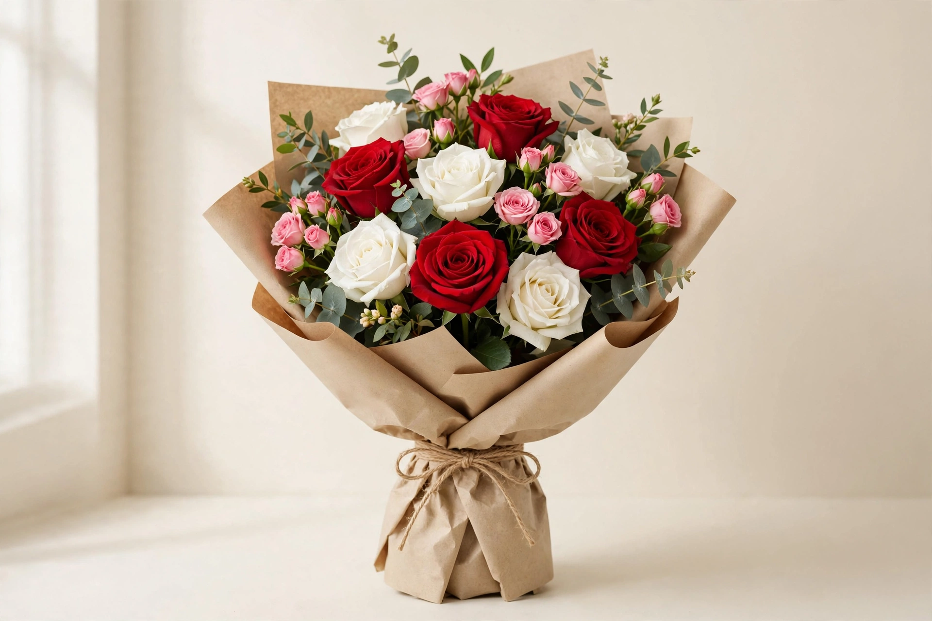Red and white roses with pink spray roses in a hand-tied bouquet
