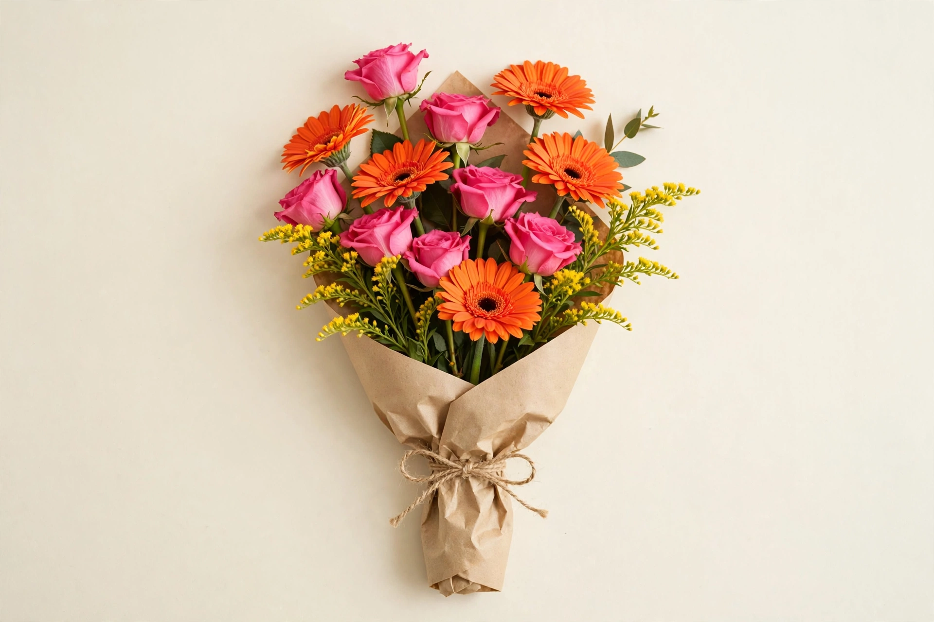 Hot pink roses, orange gerbera daisies, and yellow accents in a hand-tied bouquet