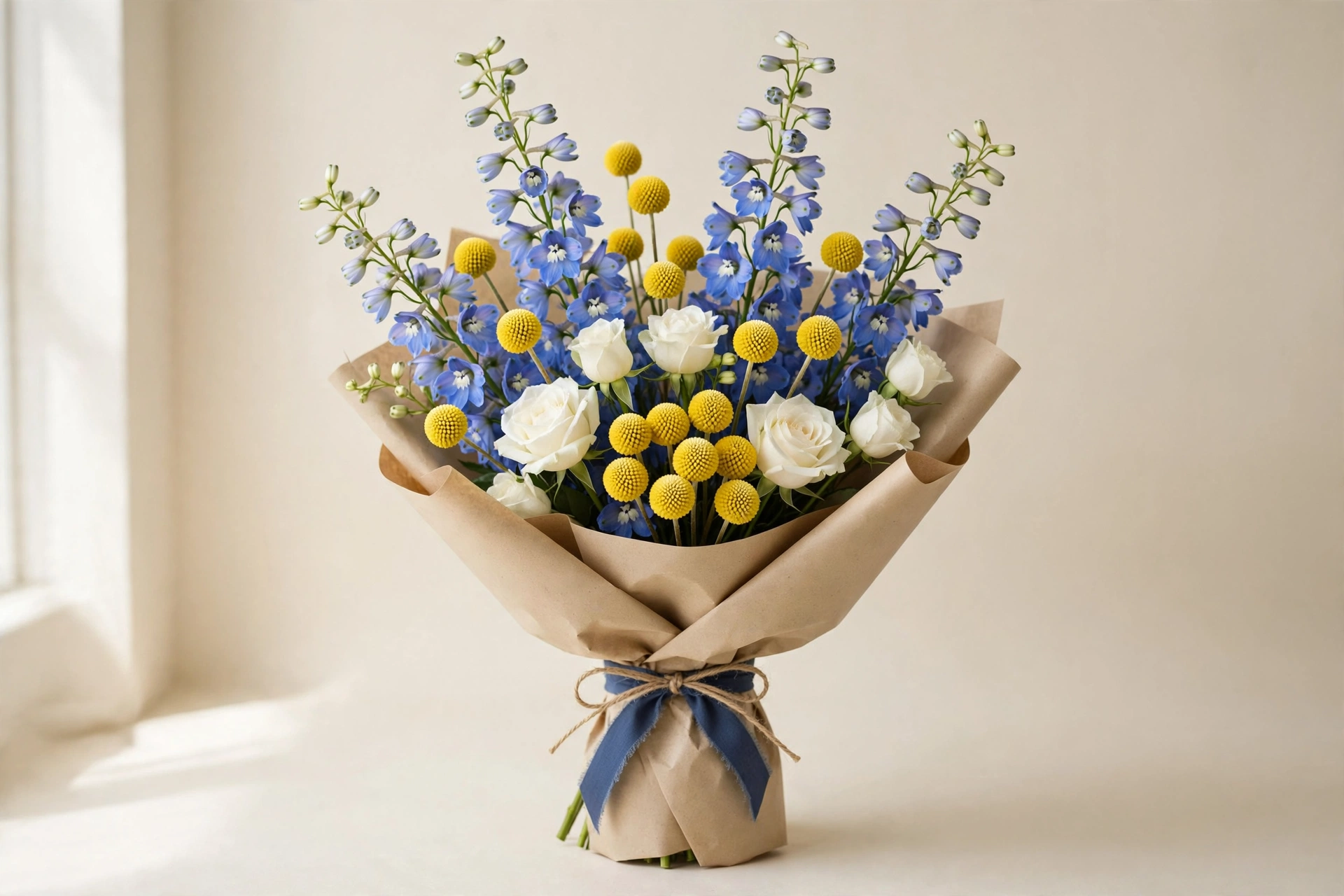 Blue delphinium, yellow billy balls, and white roses in a hand-tied bouquet
