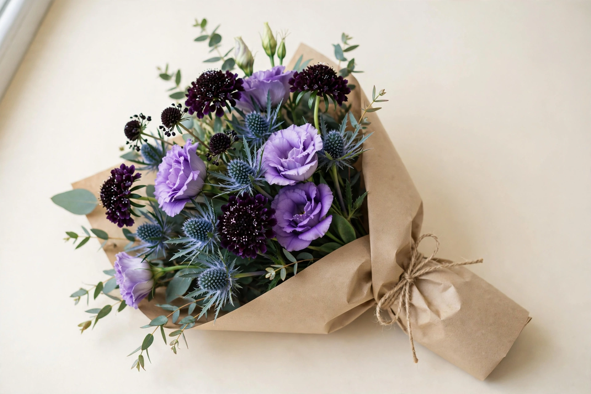 Purple lisianthus, dark scabiosa, and blue thistle in a hand-tied bouquet