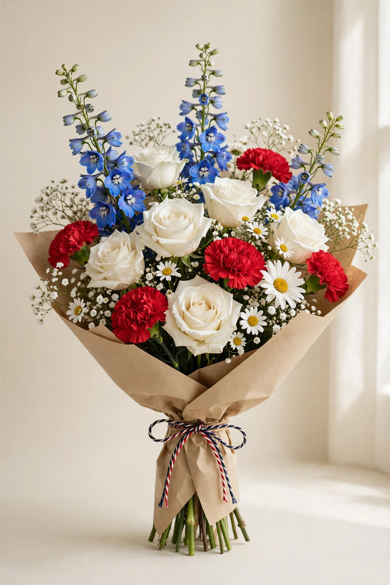 White roses, blue delphinium, red carnations, white daisies, and baby’s breath in a hand-tied bouquet