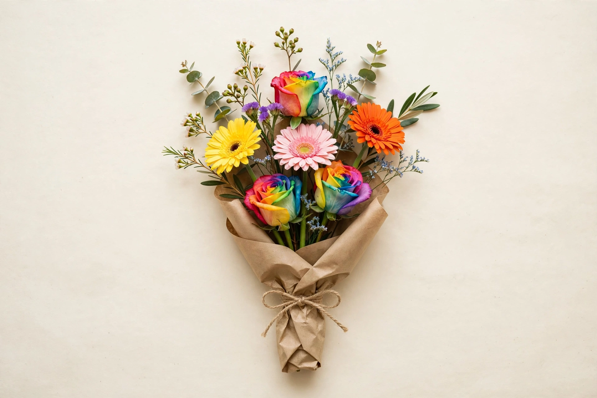 Bright mixed roses, gerbera daisies, and colorful filler in a hand-tied bouquet