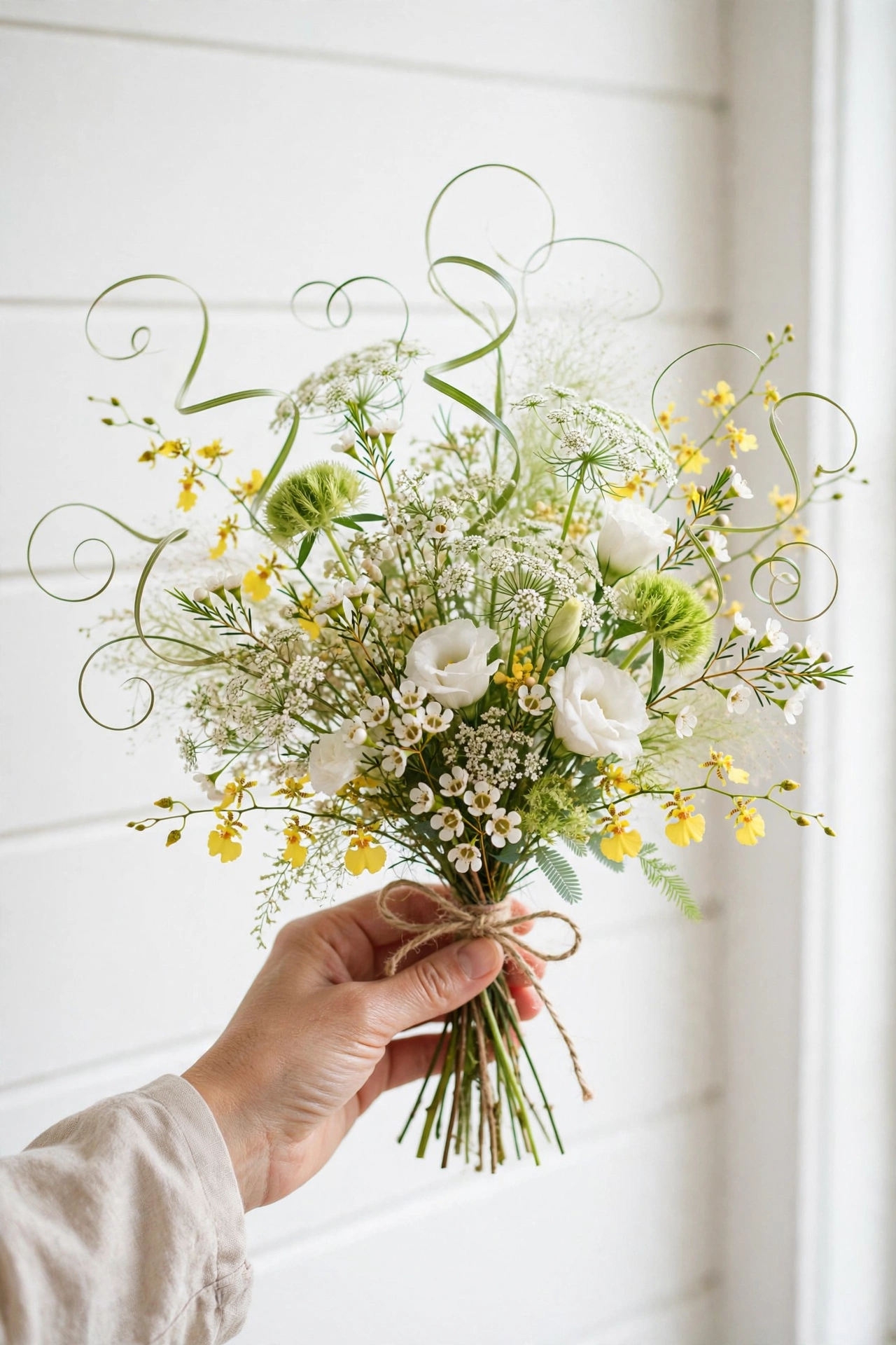 Wispy Tinkerbell-inspired hand-tied bouquet with airy green, yellow, and white flowers