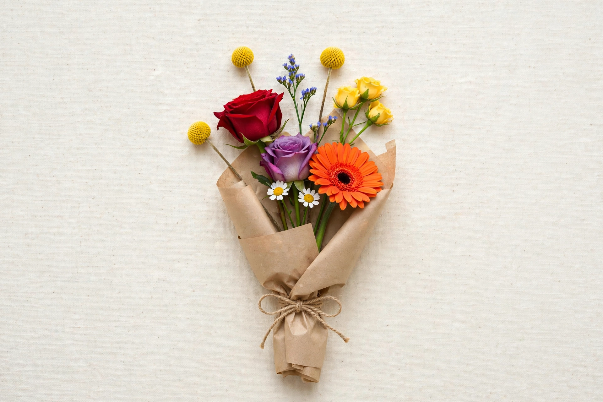 Petite 15-stem hand-tied bouquet of red and yellow roses, purple roses, orange gerbera daisies, white daisies, blue statice, and a yellow billy ball