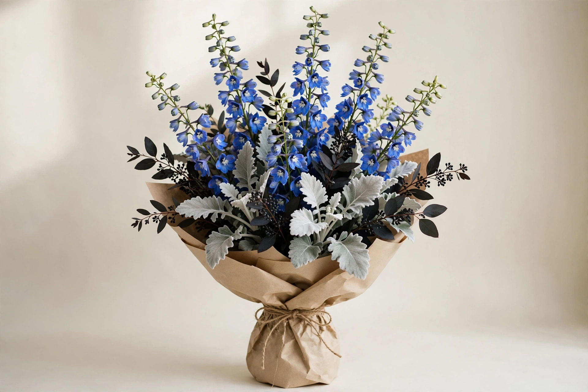 Blue delphinium, dusty miller, and dark foliage accents in a hand-tied bouquet