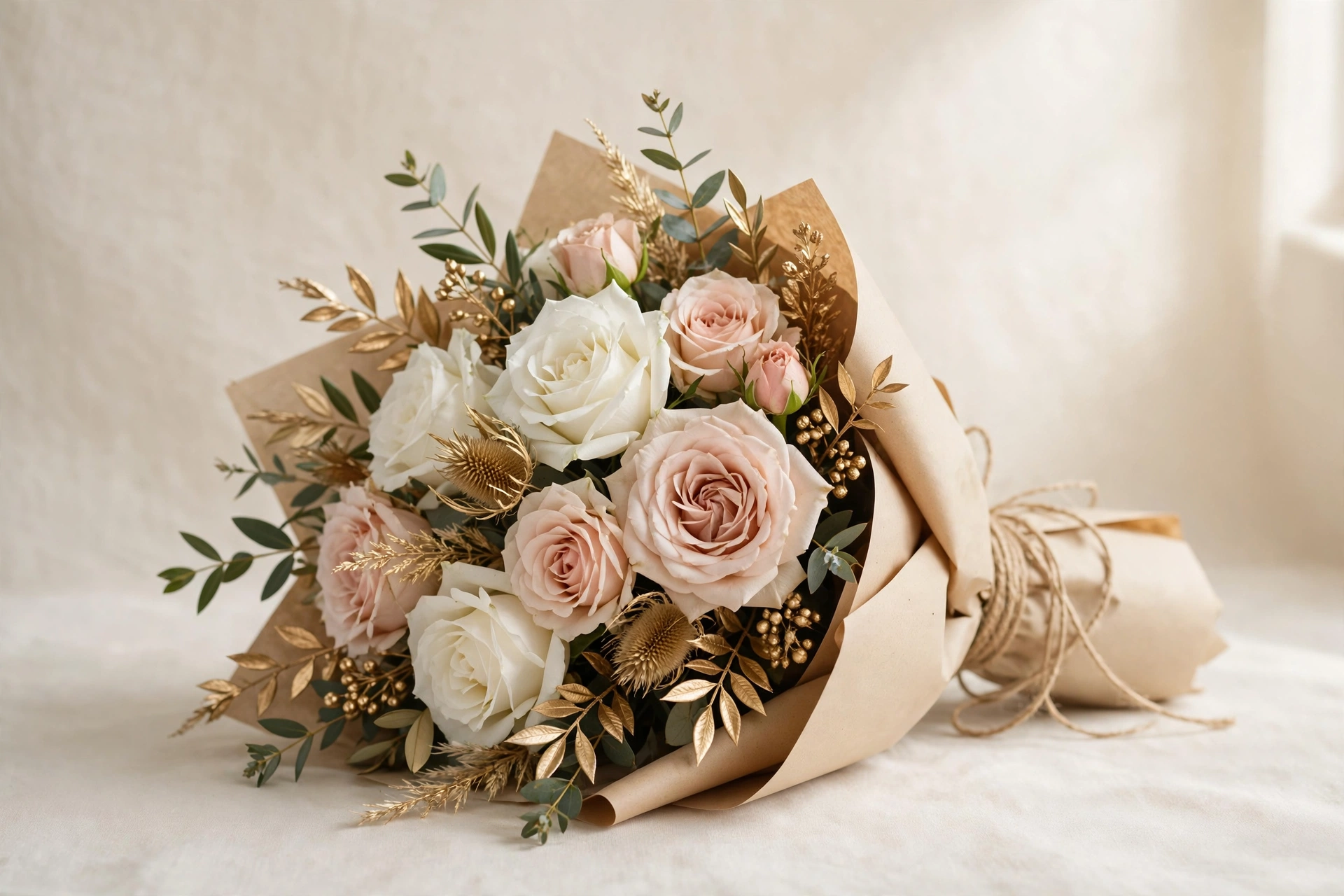 Victorian Grande bouquet with blush and white roses and gold accents