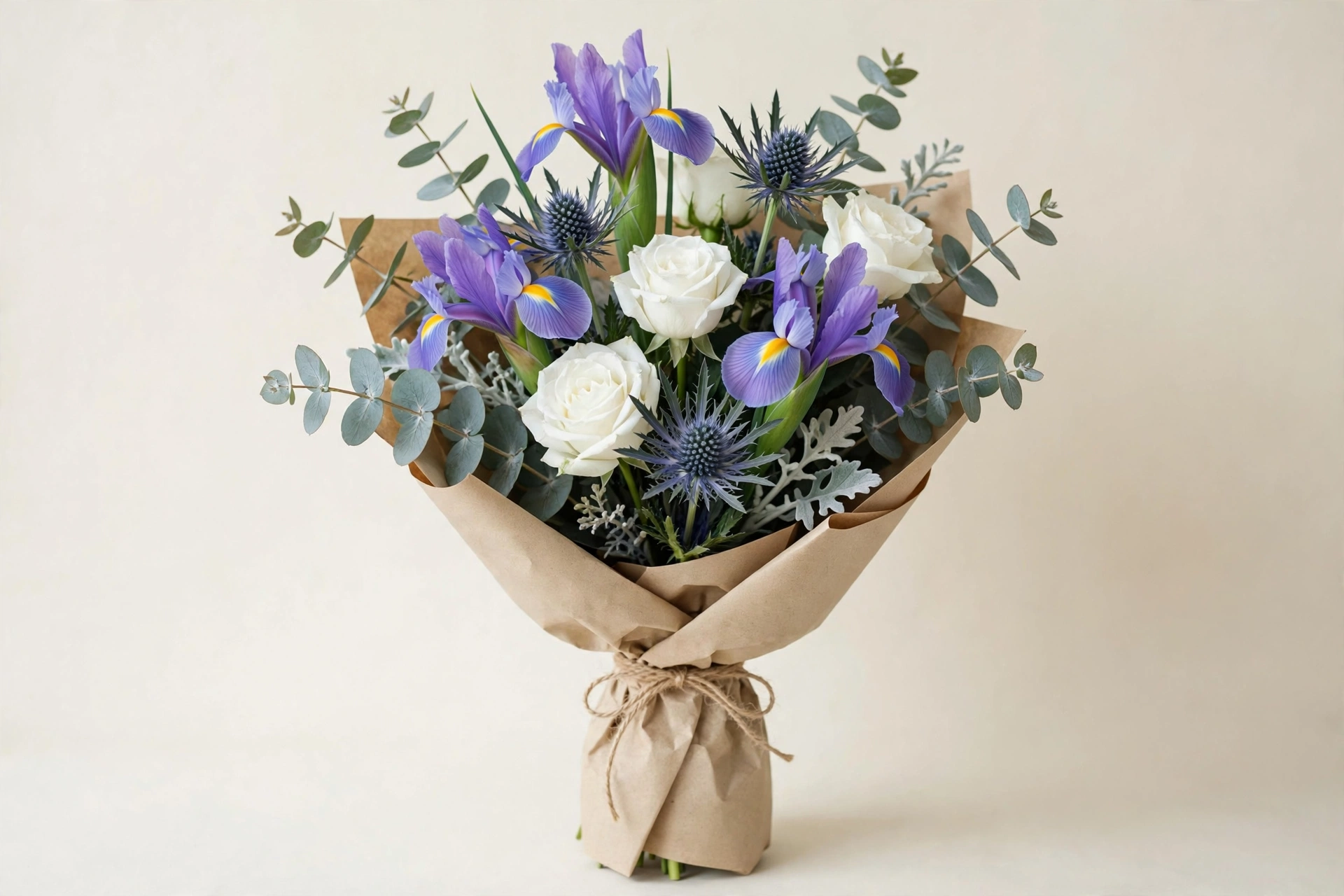 Purple iris, blue thistle, and white roses in a hand-tied bouquet